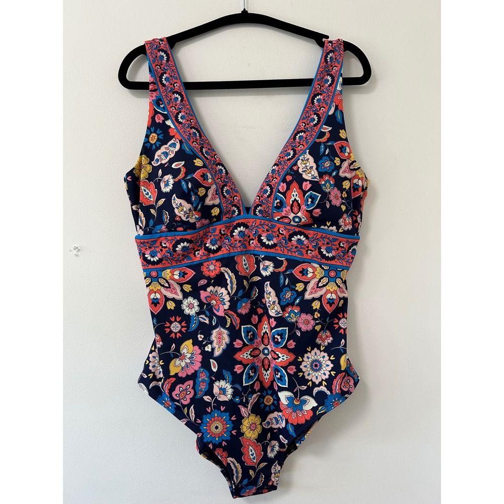 Boden Porto Floral Paisley One Piece Swimsuit Women 14L Navy Bohemian V-Neck